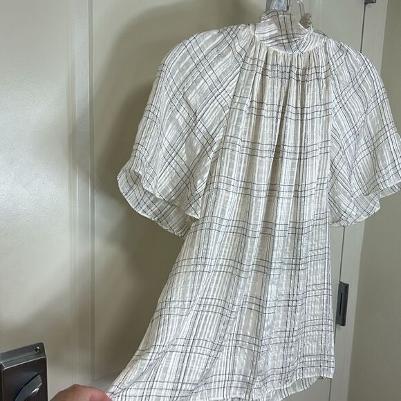 REBECCA TAYLOR - “Jules” Plaid Short-Sleeve Silk Blouse - Size 6, White, Black - Picture 8 of 17